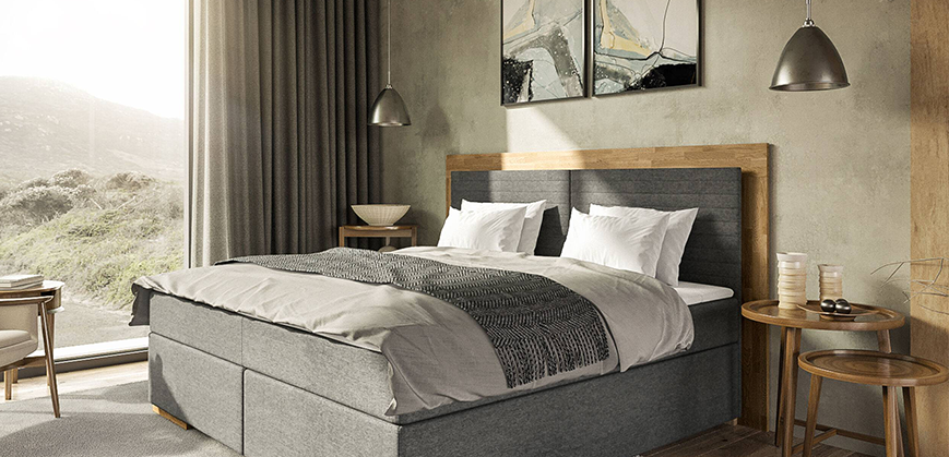 Lit boxspring gris en bois Lit boxspring gris en bois, couvertue, coussin, table gigogne en bas et suspension en métal