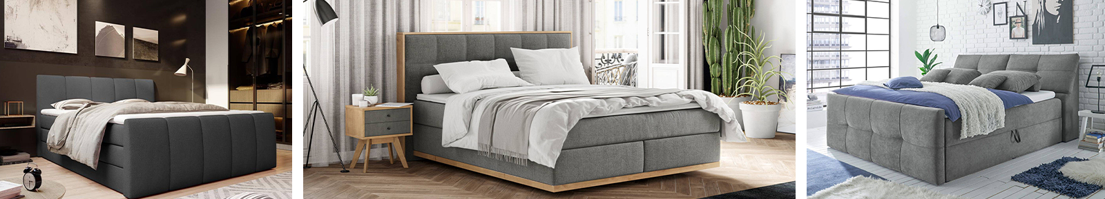 Chambres avec lits boxspring gris et gris foncé Chambres avec lits boxspring gris et gris foncé