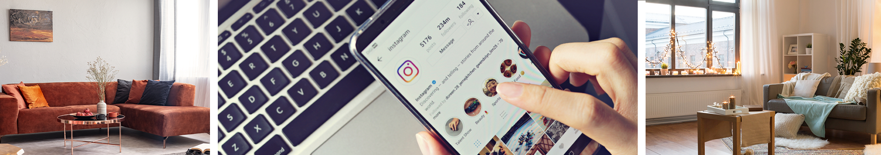 Séjours cosy avec canapés gris, coussins et téléphone avec application instagram 