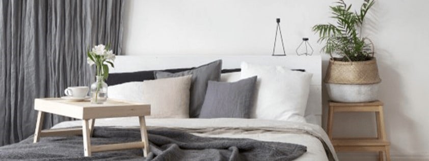 chambre style hotel plante mini table lit blanket grise coussin chaise bois