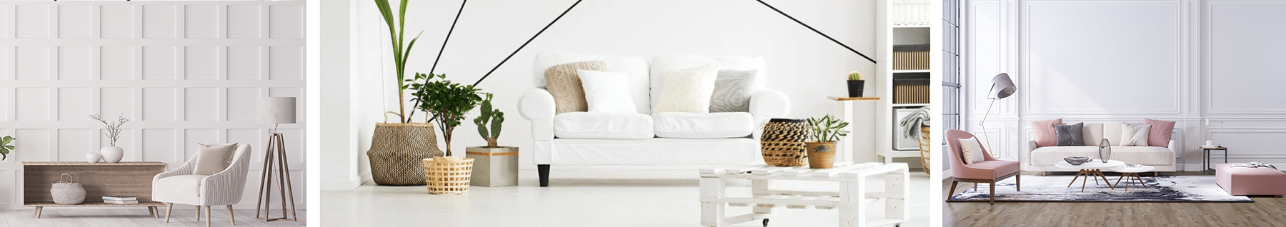 salon blanc intemporel et séjour blanc avec plante durable et salon ton neutre et pastel