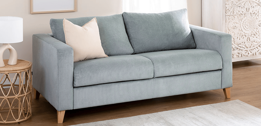 Canapé-lit bleu pratique, style scandinave, pieds en bois masif