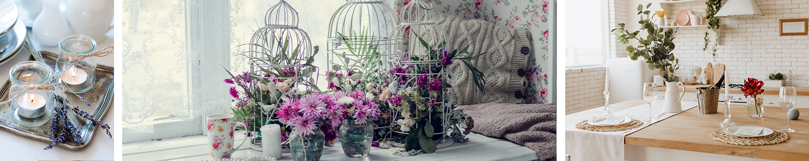 bougies dans verre sur un plateau, plantes et fleurs de Provance dans vase et cage en métal, cuisine avec déco de table campagne