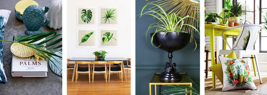 pose clé en ananas, tableau feuilles de palmiers, vasem coussins à motifs tropical
