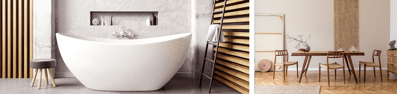 salle de bain avec bois et marbre et salon avec mobilier en bois 