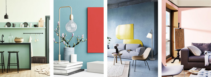quatre interieur couleur pastels: une cuisine vert eau, un bureau bleu, un salon bleu et jaune et un salon rose bonbon