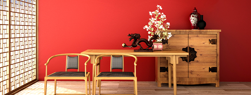 séjour zan, inspiration japonaise, mur rouge, panneau shoji, meubles bois clairs, déco typique