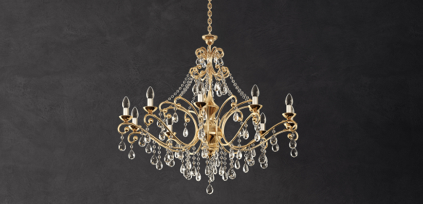Lustre chandelier en cristal couleur or avec pampilles et ampoules 

