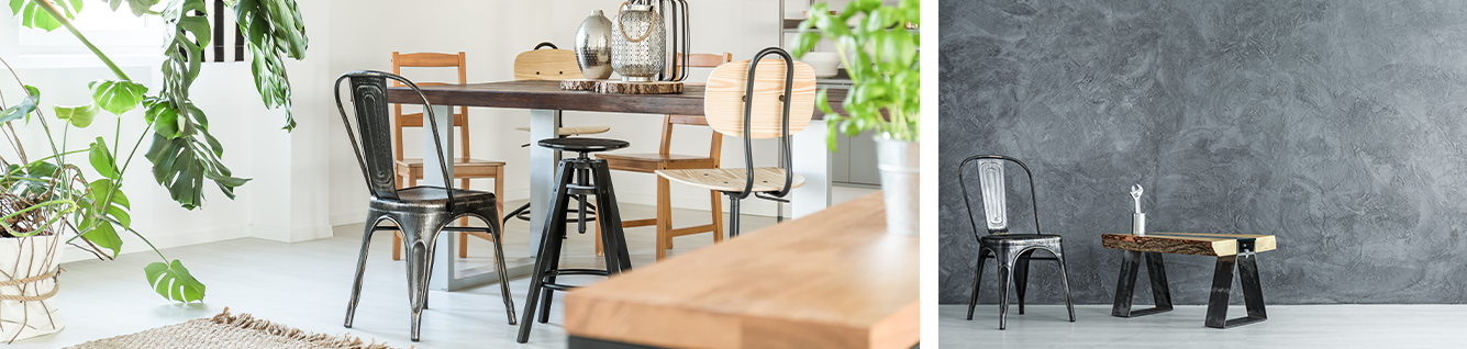cuisine avec table et chaise industrielle bois et métal, séjour industriel table bois et métal chaise en fer