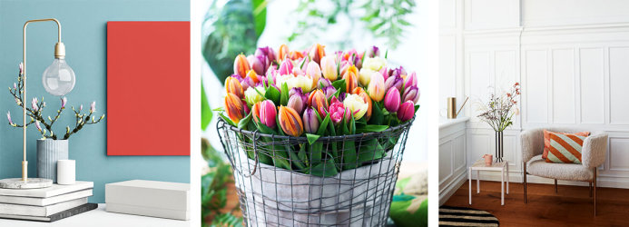 un bureau dans les tons pastels, des tulipes et un salon orange et blanc