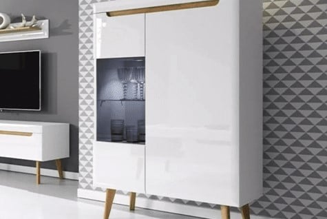 meuble tv monochrome blanc design simple, papier peint a motif triangle gris et blanc casse