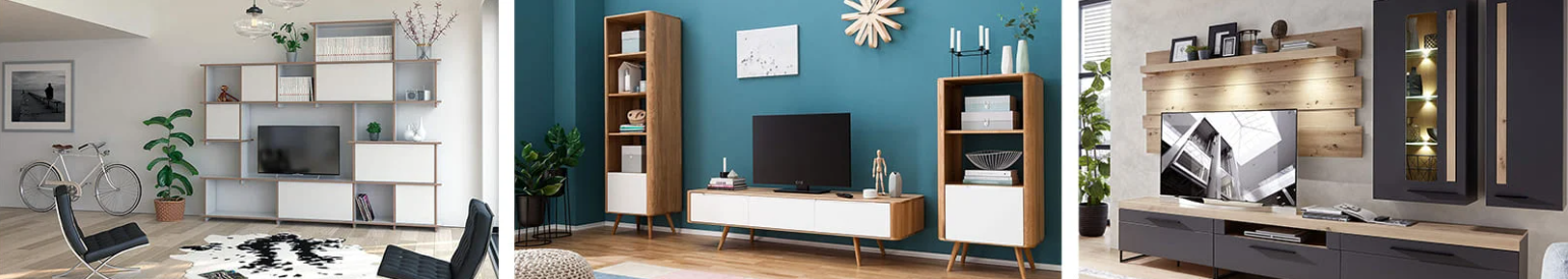 grand meuble tv salon blanc, meuble en bois et blanc dans salon bleu canard, meuble bois et gris dans salon meme tons