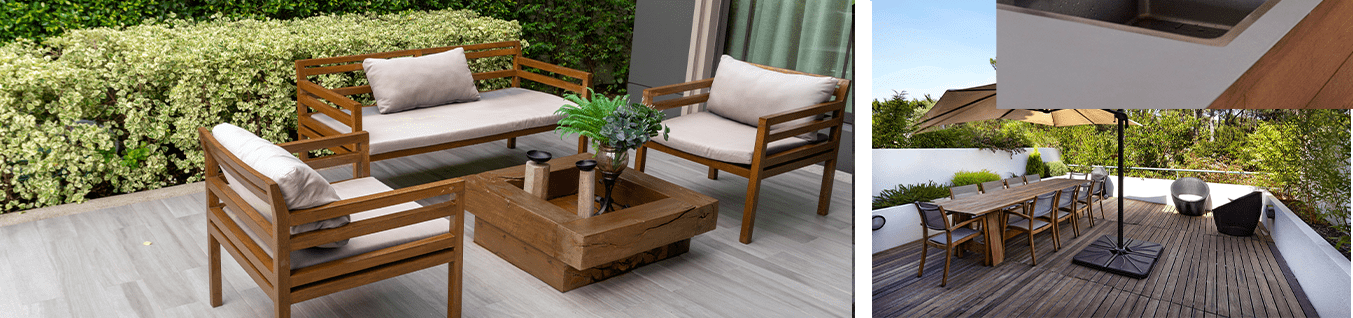 salon exterieur bois et table exterieure sur terrasse en bois et faux parquet bois