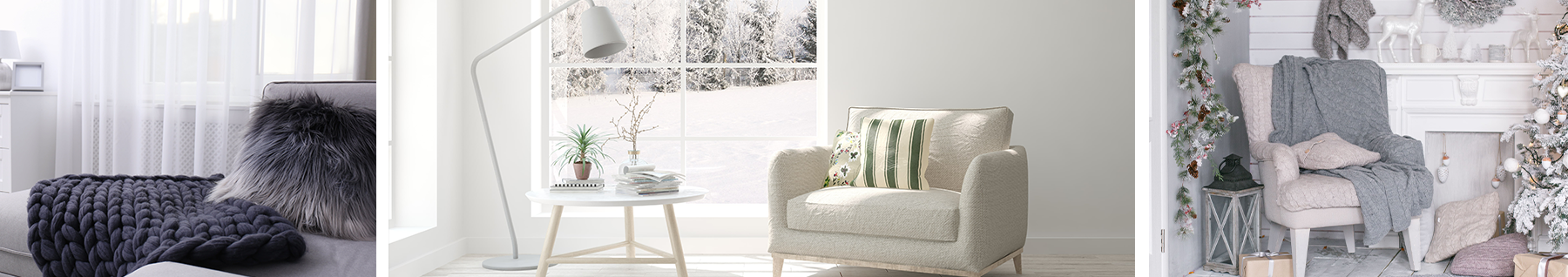 canapé coussin plaid et intérieur blanc hiver cozy et salon noel confort