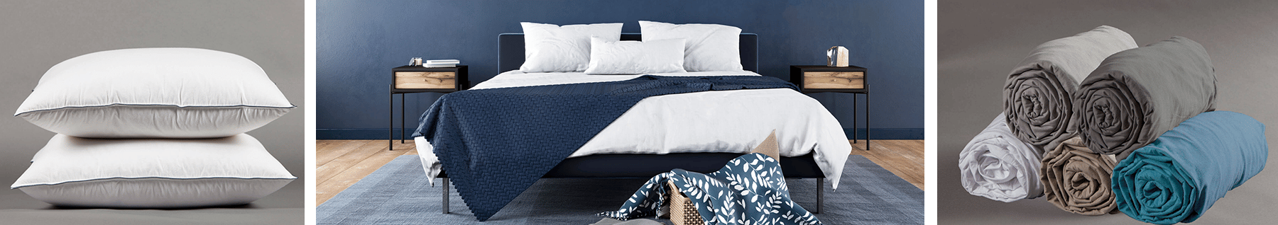 Lit à sommier tapissier bleu foncé, parure de lit blanche avec jeté de lit bleu