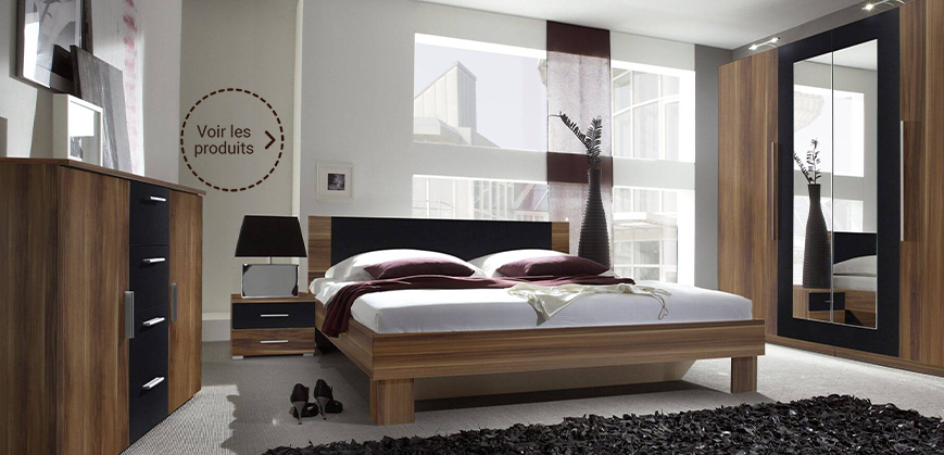 Chambre avec lit moderne, tête de lit, dressing et commode en bois massif 