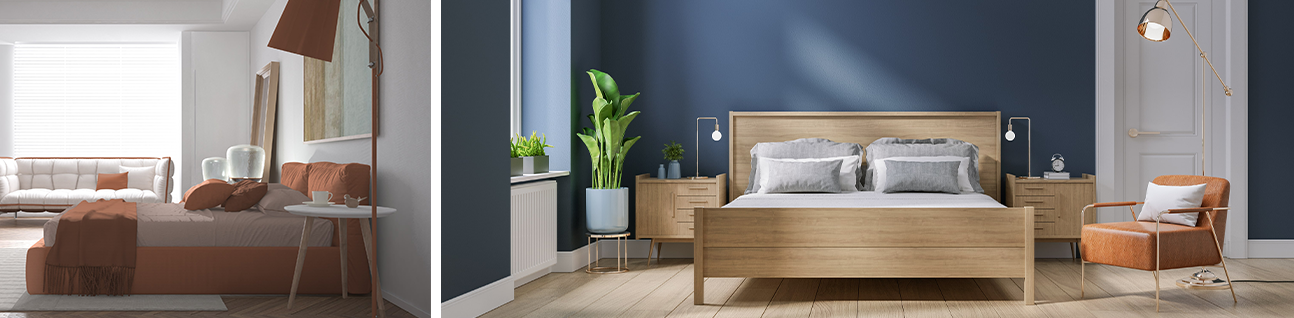 chambre moderne bleu avec lit en bois et fauteuil moderne, chambre beaucoup de lumière et espace peu de meubles 