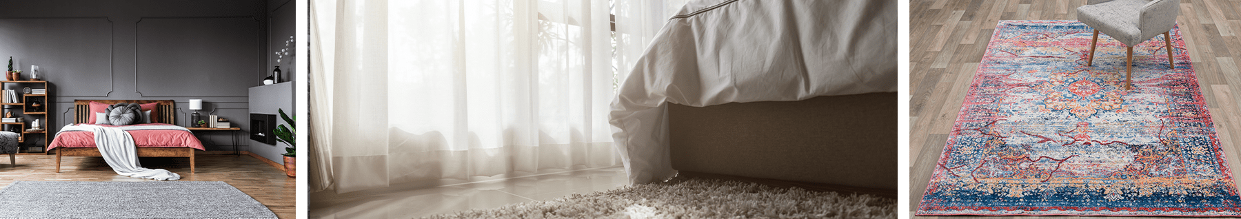 lit avec tapis poils longs, tapis court gris et tapis persan