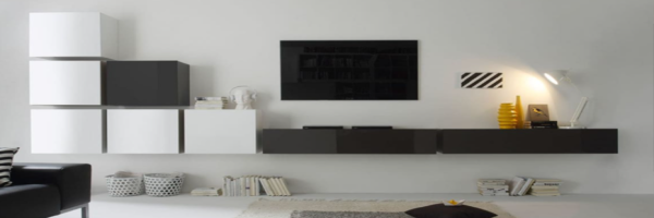canape noir meuble tv noir et etagere blanche