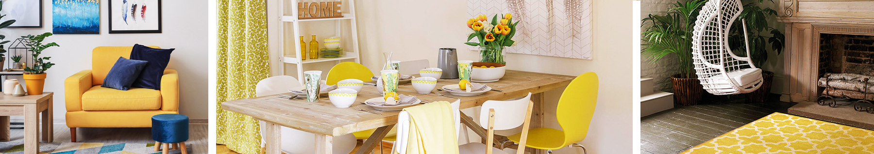 Fauteuil jaune en tissu, table à manger en bois, fauteuil suspendu avec tapis jaune à motif géométrique 