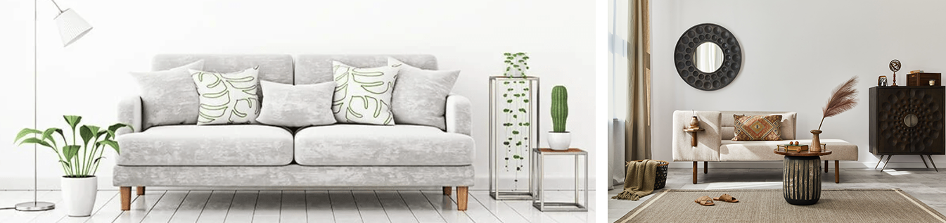 mobilier séjour canapé blanc intemporel, et miroir commode canapé intemporel durable ton neutre et bois avec espace