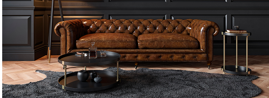 canapé vintage en cuir dans salon style vintage
