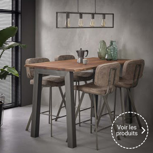 Chaises hautes en cuir et table haute en bois et métal