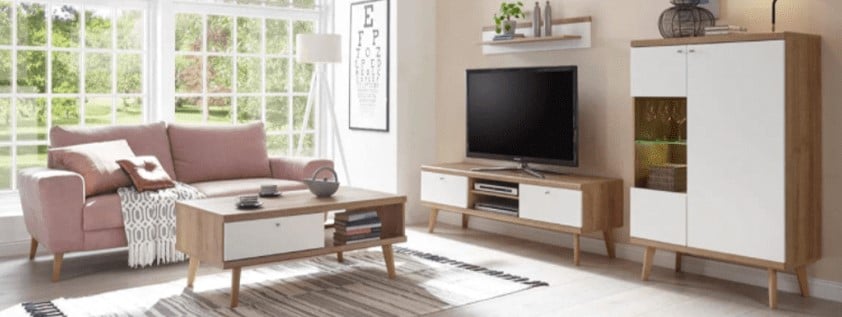 interieur scandi pastel et meuble tv bois clair et blanc